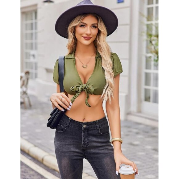 ❤️Women Green Sexy Top Tie Front Shirts Short Sleeve Cardigan Shrug Deep V Neck - Picture 3 of 6